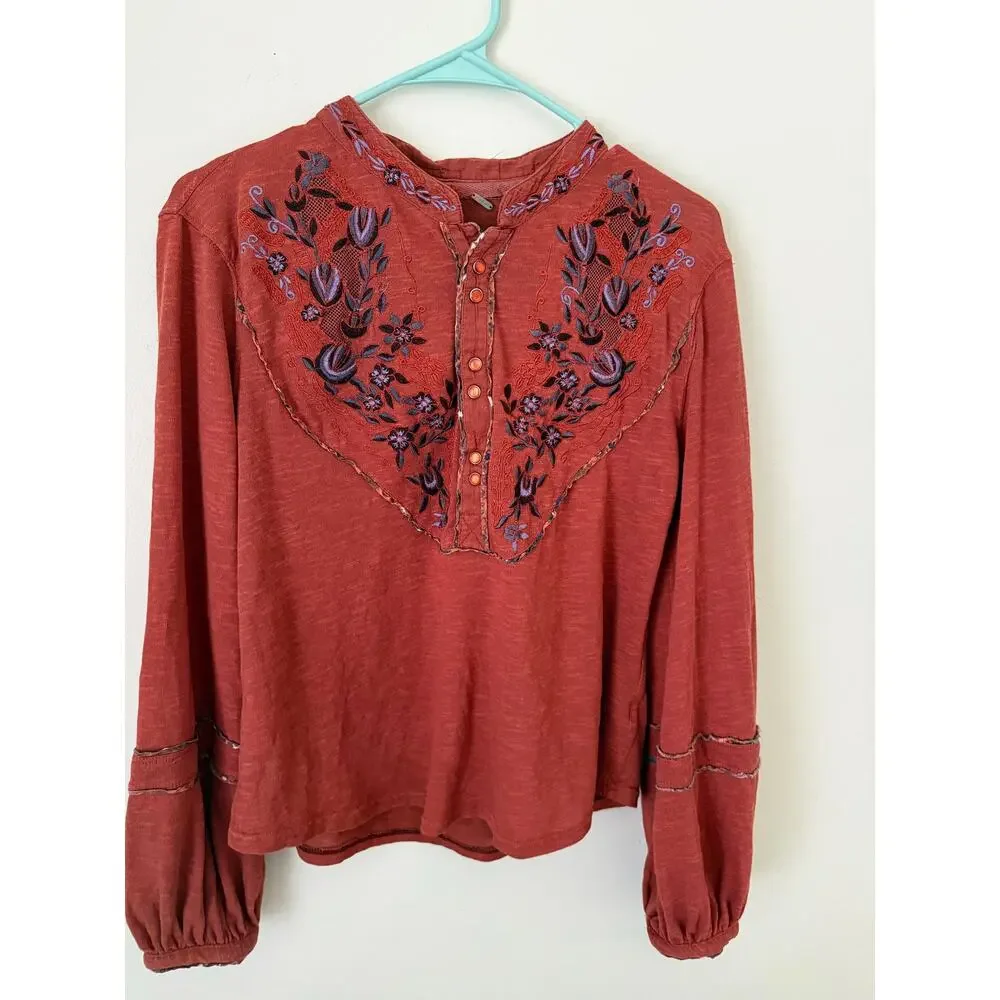 Free People | Burnt Orange Western Fall Chic Bohemian Sundance Kid Henley Top